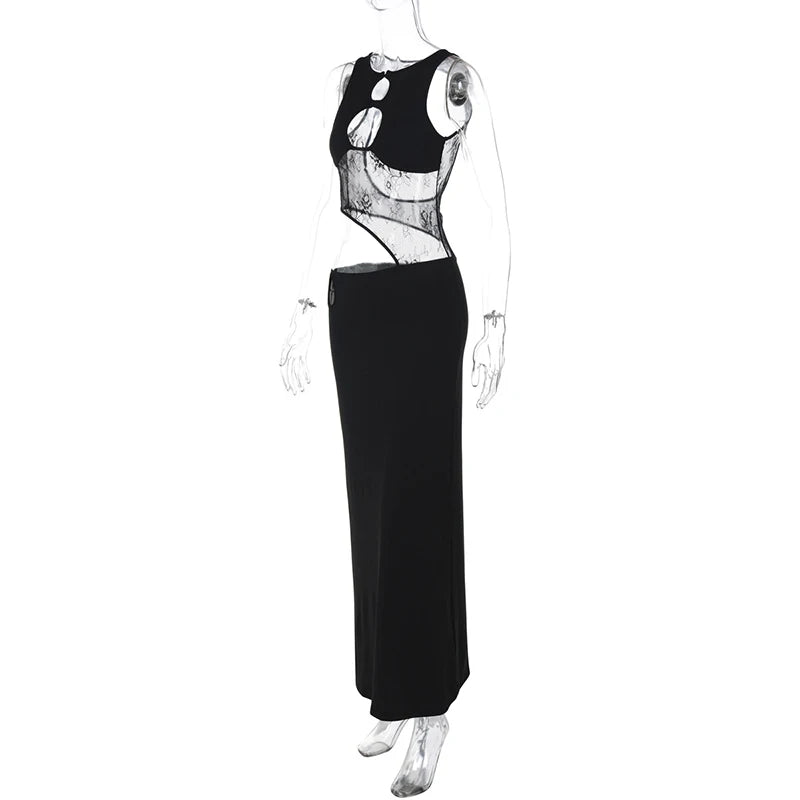 Hollow Out Sleeveless Sexy Maxi Dress For Women Black O Neck See Through Lace Backless Bodycon Club Long Dress Fashion