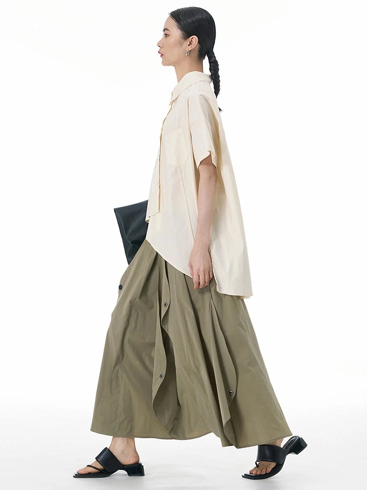 Women Apricot Irregular Hem Big Size Casual Blouse New Lapel Short Sleeve Shirt Fashion Tide Spring Summer 2025 1DJ1503