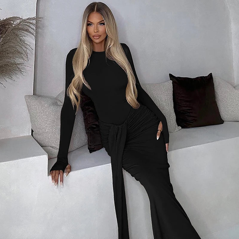 Ruched Draped Sexy Maxi Dress For Women Fashion O Neck Long Sleeve Bodycon Club Party Long Dress Female Elegant Dresses