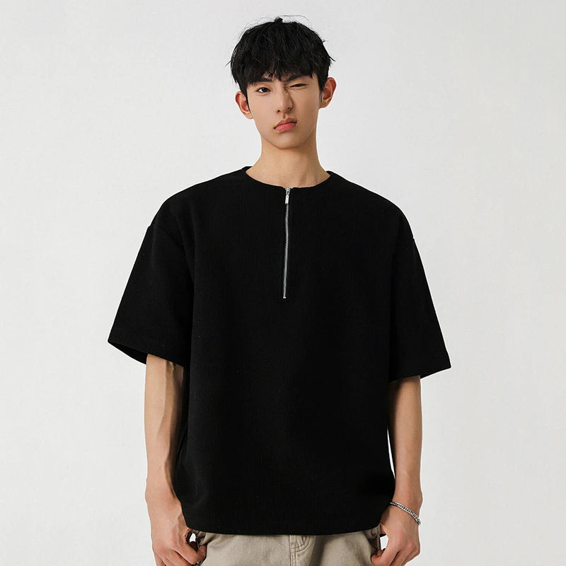 Male T-shirt New American Style Half Zippper Solid Color Short Sleeved T-shirts Casual Loose Trendy Men Summer 9W1294