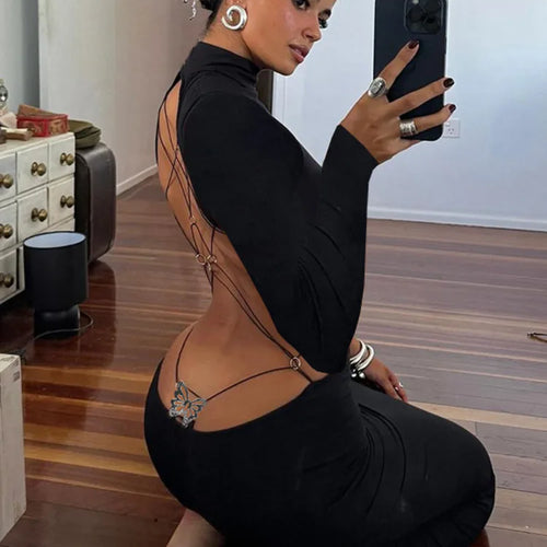 Load image into Gallery viewer, Sexy Long Sleeved Backless Bodycon Dress For Women Autumn 2024 New Sexy Slim Small High Neck Backless Butterfly Dress
