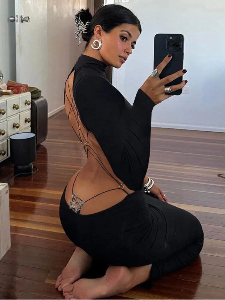 Sexy Long Sleeved Backless Bodycon Dress For Women Autumn 2024 New Sexy Slim Small High Neck Backless Butterfly Dress