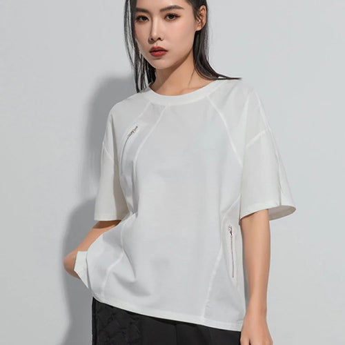 Load image into Gallery viewer, Women Black Green Color-block Big Size Zipper T-shirt New Round Neck Short Sleeve Fashion Tide Spring Summer 2025 1DH5062
