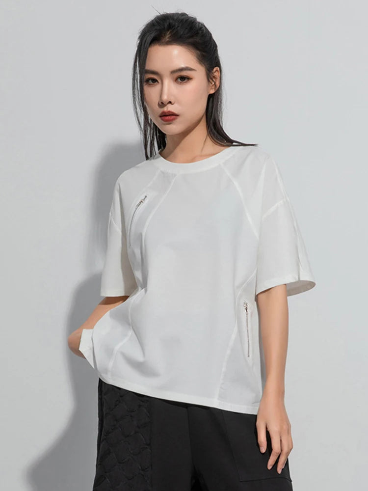 Women Black Green Color-block Big Size Zipper T-shirt New Round Neck Short Sleeve Fashion Tide Spring Summer 2025 1DH5062