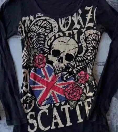 Gothic Punk Letter Skull Print Y2k Tops Slim Harajuku Vintage Aesthetic Tee Shirts Streetwear Slim Long Sleeve Women's T-Shirts
