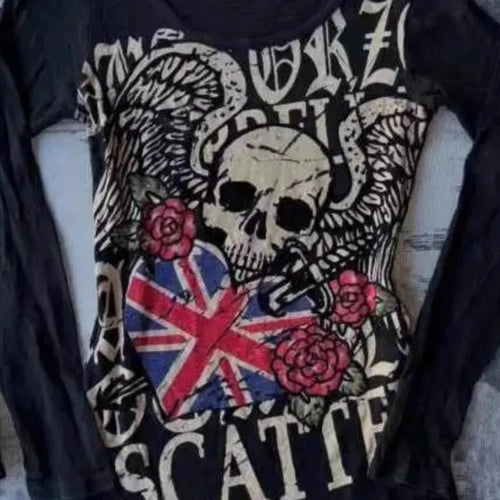 Load image into Gallery viewer, Gothic Punk Letter Skull Print Y2k Tops Slim Harajuku Vintage Aesthetic Tee Shirts Streetwear Slim Long Sleeve Women's T-Shirts
