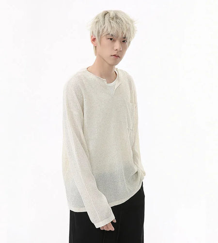 Men's T-shirt Long Sleeve Design Korean Pocket Decoration V-neck Casual Top Thin Loose Male Pullover Clothing 9W1585