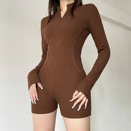 Load image into Gallery viewer, Harajuku Brown Fitness Autumn Playsuit Women Stitched Sporty Chic Long Sleeve One Piece Bodysuit Romper Basic Outfits
