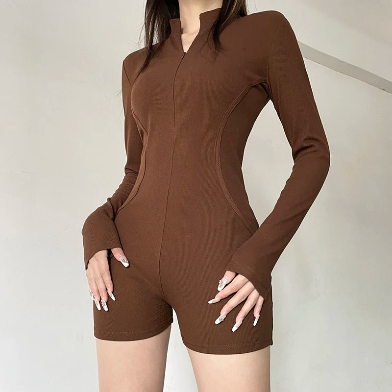 Harajuku Brown Fitness Autumn Playsuit Women Stitched Sporty Chic Long Sleeve One Piece Bodysuit Romper Basic Outfits