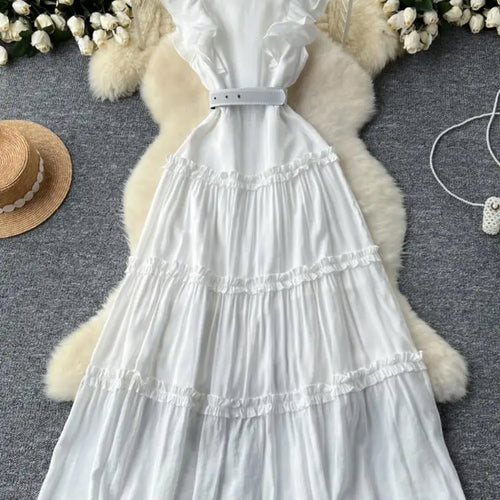 Load image into Gallery viewer, Vintage New Summer Women Black Evening Party Ruffle Edge Long Dress French White Elegant Sleeveless Slim Prom Pleated Vest Dress
