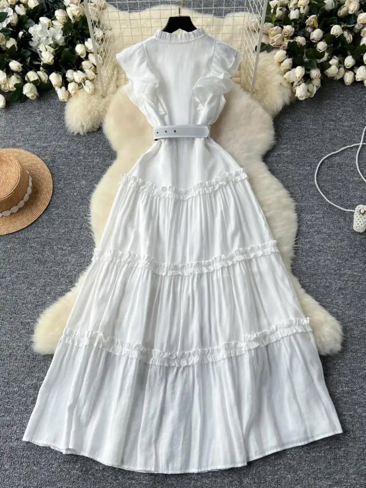 Vintage New Summer Women Black Evening Party Ruffle Edge Long Dress French White Elegant Sleeveless Slim Prom Pleated Vest Dress