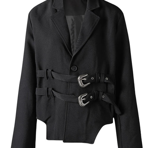 Load image into Gallery viewer, Solid Loose Spliced Belts Temperament Jackets for Women Lapel Long Sleeves Minimalist Jacket Female Clothing New
