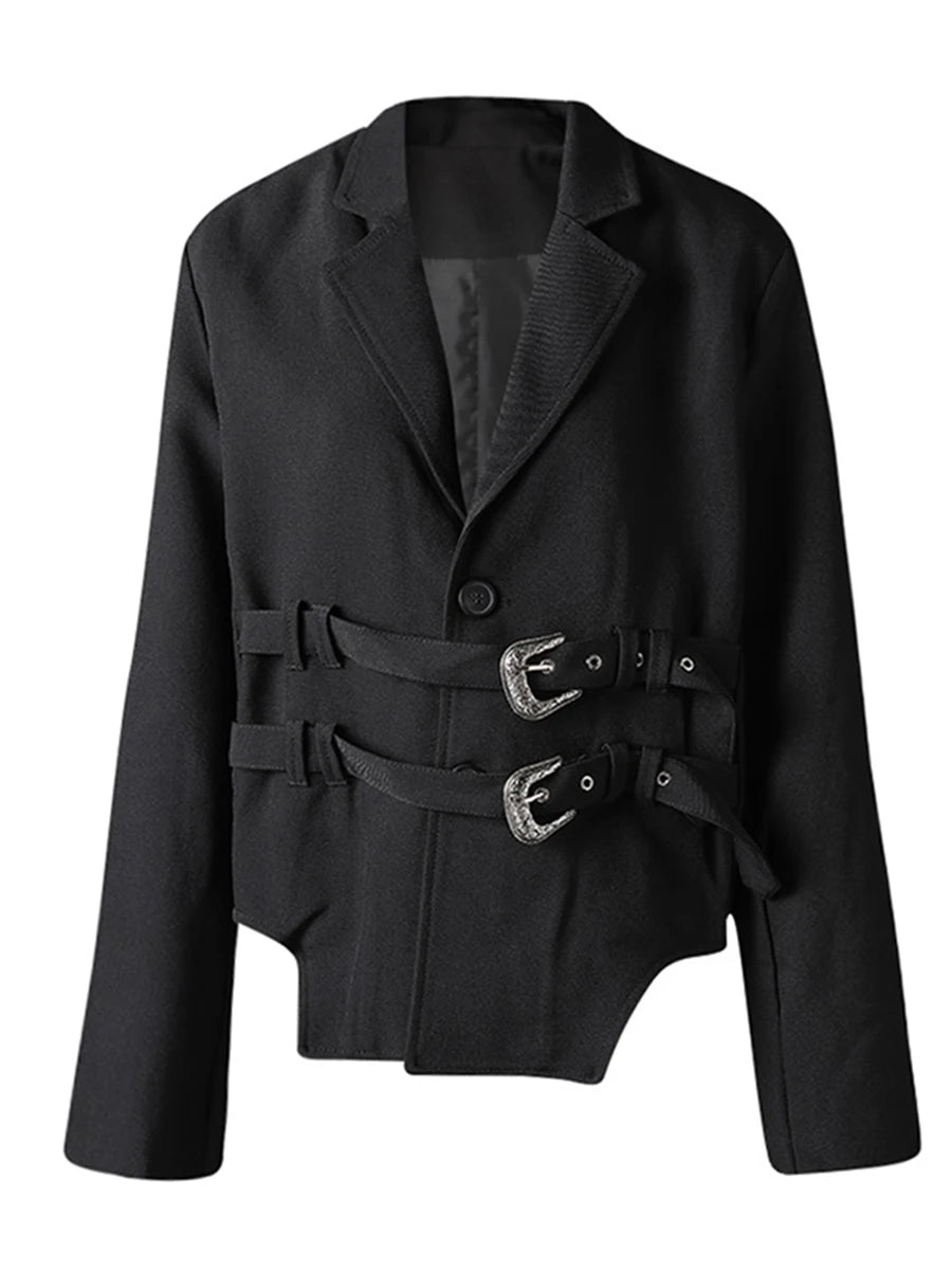 Solid Loose Spliced Belts Temperament Jackets for Women Lapel Long Sleeves Minimalist Jacket Female Clothing New