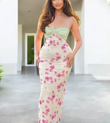 Lace Print Spaghetti Strap Sexy Maxi Dress Women Elegant Off-shoulder Sleeveless Backless High Waist Bodycon Dress