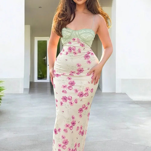 Load image into Gallery viewer, Lace Print Spaghetti Strap Sexy Maxi Dress Women Elegant Off-shoulder Sleeveless Backless High Waist Bodycon Dress
