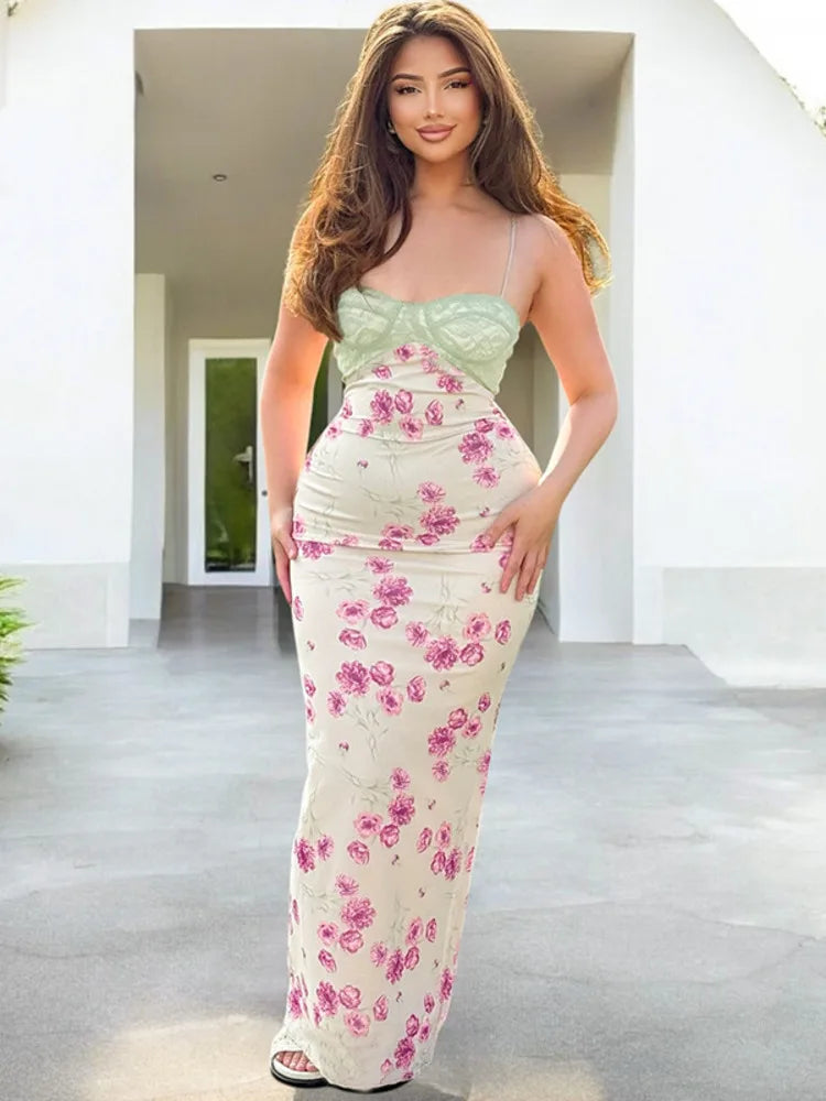 Lace Print Spaghetti Strap Sexy Maxi Dress Women Elegant Off-shoulder Sleeveless Backless High Waist Bodycon Dress