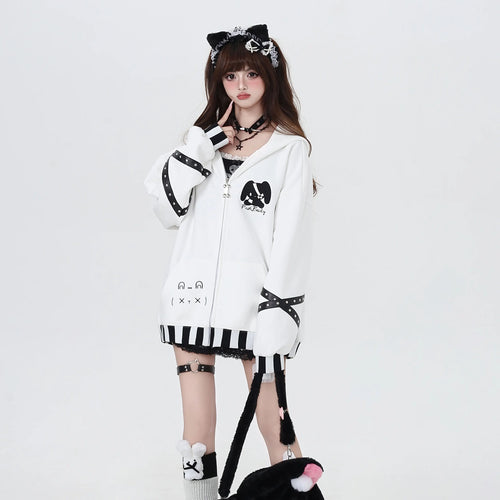 Load image into Gallery viewer, Streetwear Jackets Women Clothing Fashion Striped Rabbit Ears Hooded Outwear Casual Zipper Anime Cute Coats Y2k Tops Ropa Mujer
