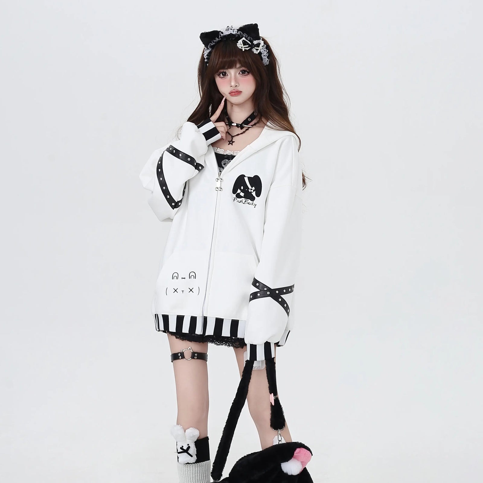Streetwear Jackets Women Clothing Fashion Striped Rabbit Ears Hooded Outwear Casual Zipper Anime Cute Coats Y2k Tops Ropa Mujer