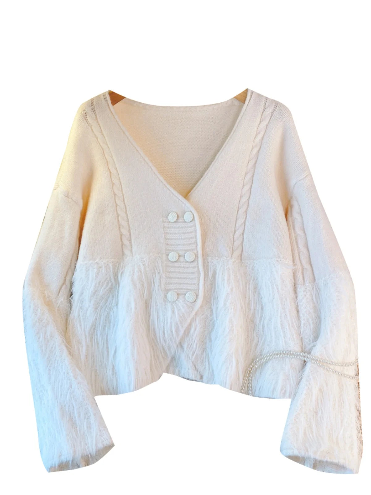 Korean Vintage White Double Breasted Festival Knit Cardigan Sweater Women Clothes Beige V Neck Long Sleeve Asymmetric Tops Trend