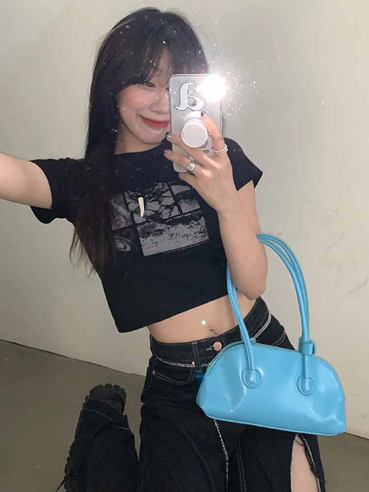 90s Black Gothic Harajuku Vintage Grunge Graphic Slim Fit Short Crop Top Women's Streetwear Sexy Summer Y2K Punk Casual T-Shirt