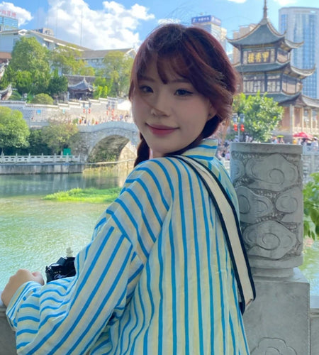 Oversized Casual Vertical Stripe Women Blouse Harajuku Sun Protection Pocket Blusas Single Breasted Grunge Y2k Aesthetic Shirts