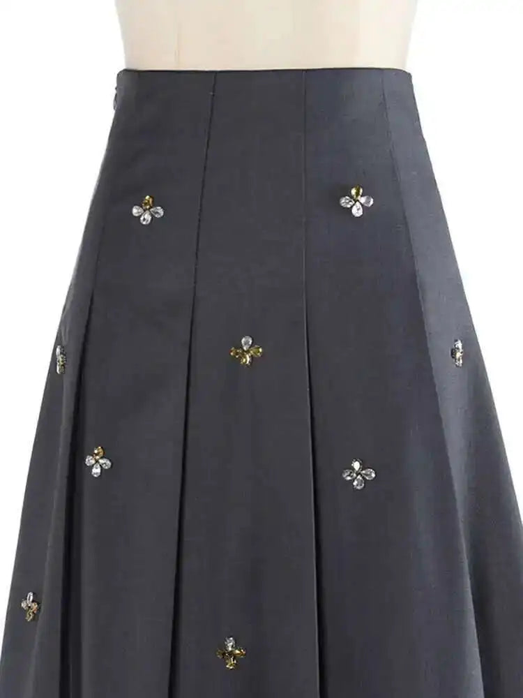 High Elastic Black Rhinestones Pleated Elegant A-line Half-body Skirt Women Fashion Tide New Spring Autumn 2025 1DH2565