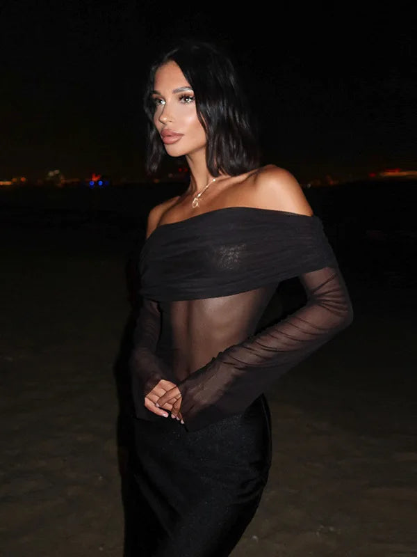Elegant Mesh Off Shoulder Bodycon Party Club Evening Dress For Women Spring2025 New Long Sleeve Sexy Perspective Vestido