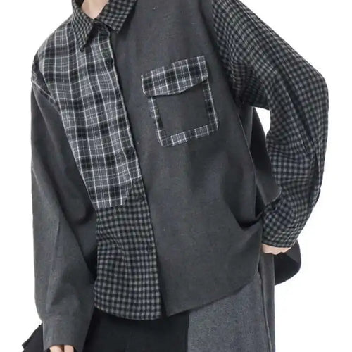 Load image into Gallery viewer, Women Color-block Black Plaid Big Size Blouse New Lapel Long Sleeve Loose Shirt Fashion Tide Spring Autumn 2025 1DH3220
