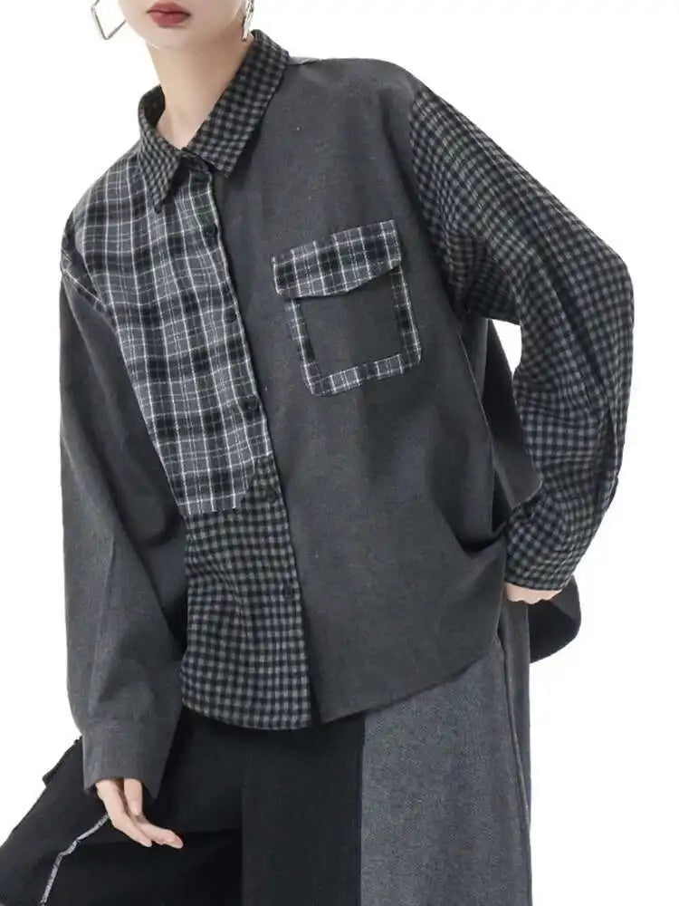 Women Color-block Black Plaid Big Size Blouse New Lapel Long Sleeve Loose Shirt Fashion Tide Spring Autumn 2025 1DH3220