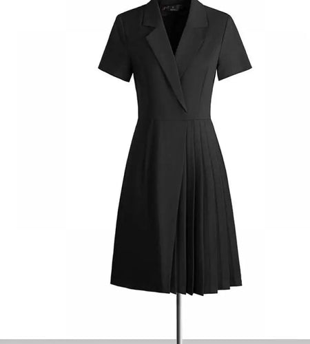 Korean Solid Office Professional Workwear Blazer Dress For Women 2024 Summer Short Sleeve High Waist Vacation Pleated Midi Dress