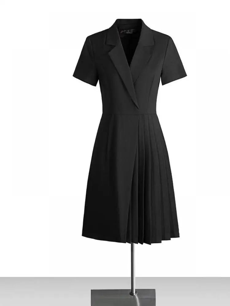 Korean Solid Office Professional Workwear Blazer Dress For Women 2024 Summer Short Sleeve High Waist Vacation Pleated Midi Dress
