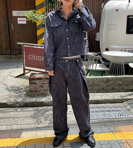 Niche Design Men's Two-piece Sets Turn-down Collar Single Breasted Denim Jackets Straight Wide Leg Solid Color Jeans 9C8988