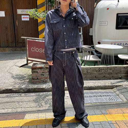 Load image into Gallery viewer, Niche Design Men&#39;s Two-piece Sets Turn-down Collar Single Breasted Denim Jackets Straight Wide Leg Solid Color Jeans 9C8988
