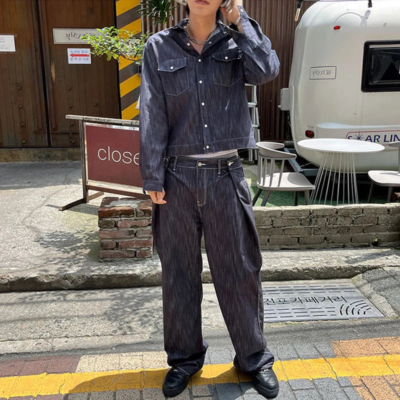 Niche Design Men's Two-piece Sets Turn-down Collar Single Breasted Denim Jackets Straight Wide Leg Solid Color Jeans 9C8988