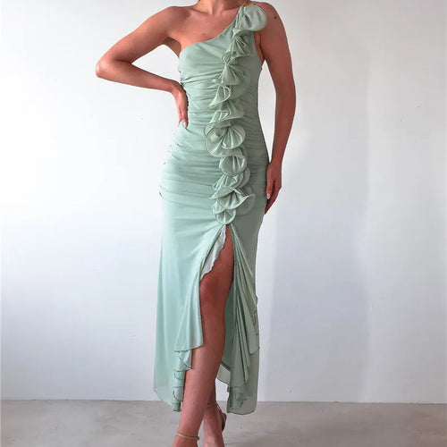 Load image into Gallery viewer, One Shoulder Draped Ruffle Maxi Dress Women Gown Fashion Diagonal Collar Backless Sleeveless Split Long Dress Elegant
