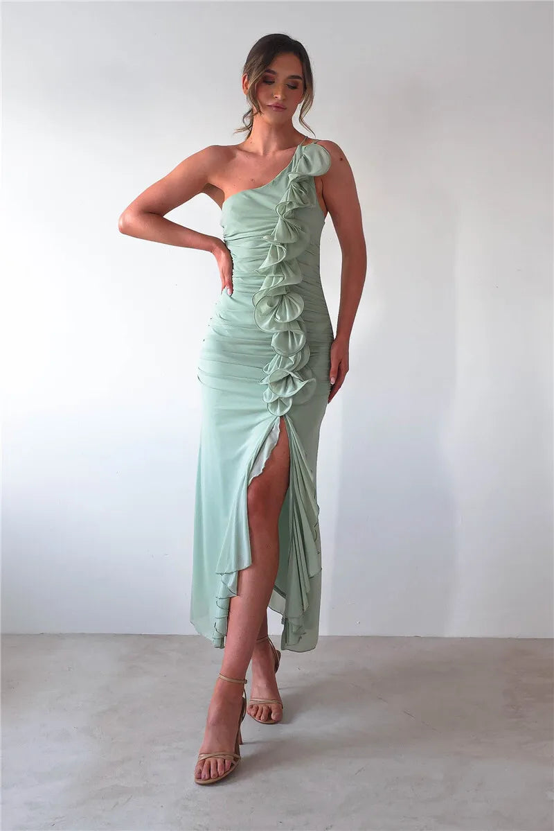 One Shoulder Draped Ruffle Maxi Dress Women Gown Fashion Diagonal Collar Backless Sleeveless Split Long Dress Elegant