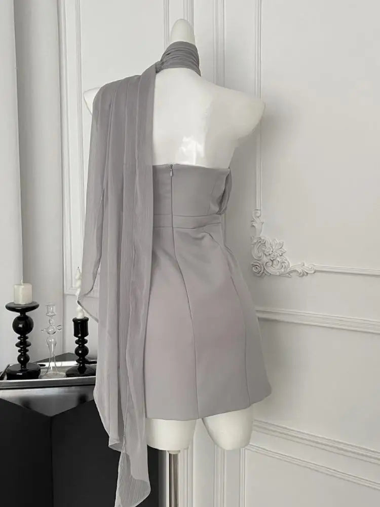 Korean Vintage Women's Grey Mesh Elegant Holiday Backless Halter Bandage Short Dresses Summer Sleeveless Party Evening Dress New