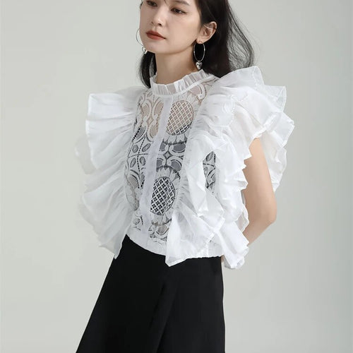 Load image into Gallery viewer, Patchwork Mesh Shirt For Women Stand Collar Short Sleeve Tunic Patchwork Ruffles Slimming Blouse Female Fashion
