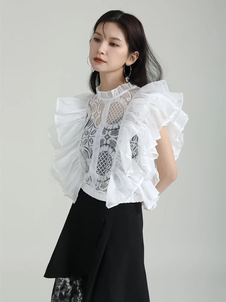 Patchwork Mesh Shirt For Women Stand Collar Short Sleeve Tunic Patchwork Ruffles Slimming Blouse Female Fashion