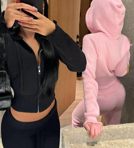 Casual Sporty 2 Piece Set Women Tracksuit Knit Hooded Zip Jacket+Straight Pants Sporty leisure Stretch Matching Streetwear