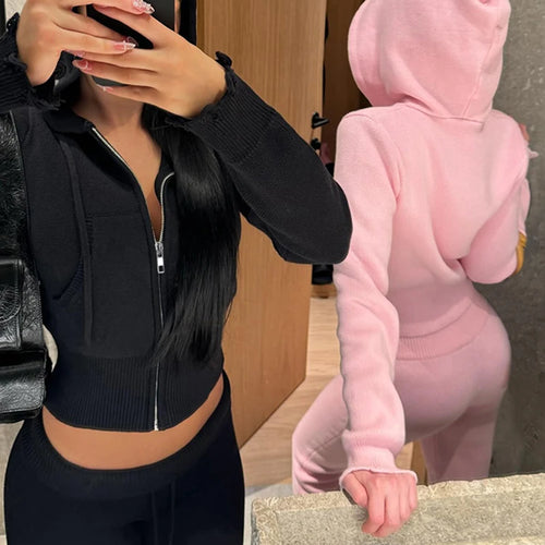 Load image into Gallery viewer, Casual Sporty 2 Piece Set Women Tracksuit Knit Hooded Zip Jacket+Straight Pants Sporty leisure Stretch Matching Streetwear

