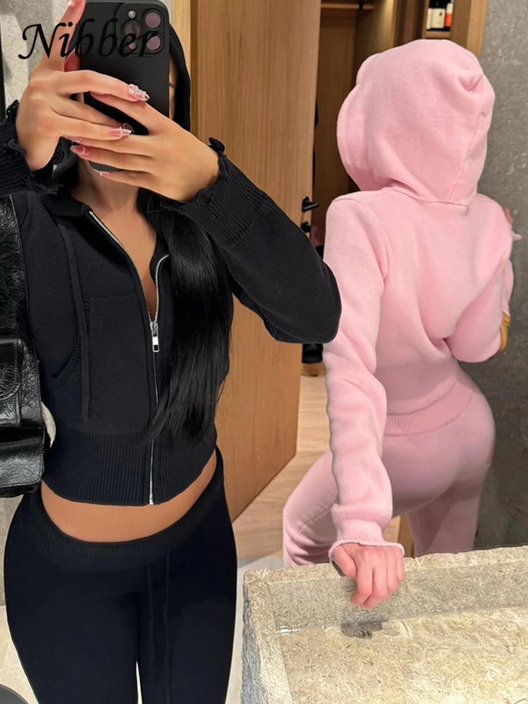 Casual Sporty 2 Piece Set Women Tracksuit Knit Hooded Zip Jacket+Straight Pants Sporty leisure Stretch Matching Streetwear