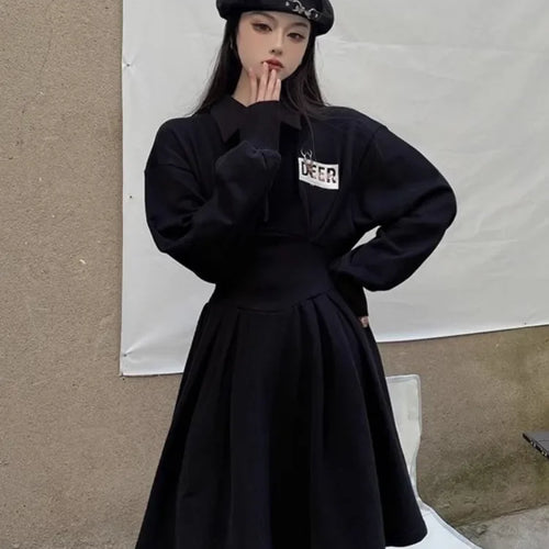 Load image into Gallery viewer, Korean Zip Oversized Black Mini Dress Women Kpop Letter School Student Sport Wrap Long Sleeve Short Dresses Autumn
