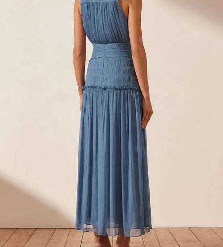 Fashion Blue Dress For Women Stand Collar Sleeveless High Waist Loose Solid Minimalist Midi Tank Dresses Female Clothing New