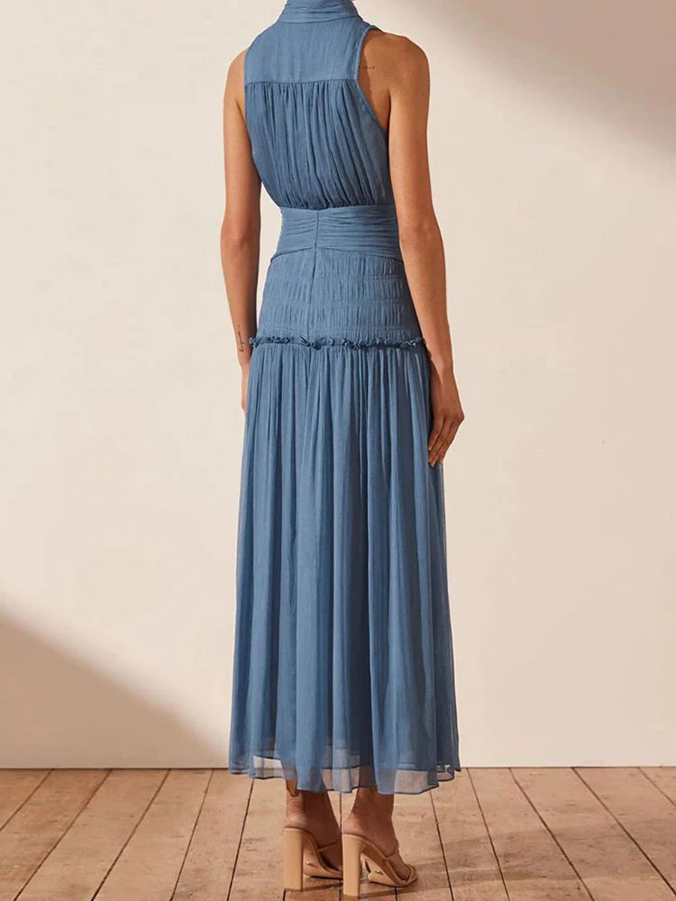 Fashion Blue Dress For Women Stand Collar Sleeveless High Waist Loose Solid Minimalist Midi Tank Dresses Female Clothing New