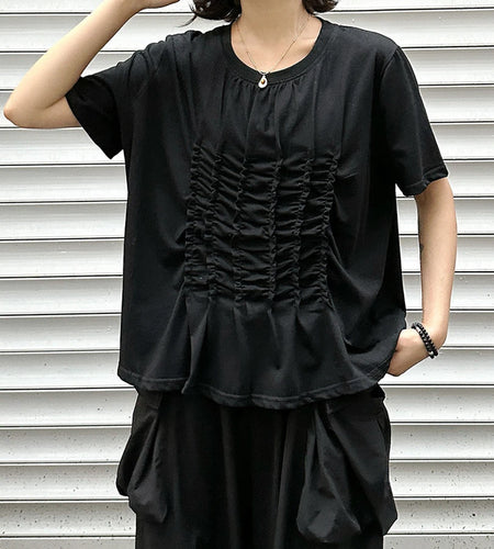 Women Black White Pleated Big Size Casual T-shirt New Round Neck Short Sleeve Fashion Tide Spring Summer 2025 1DJ1611