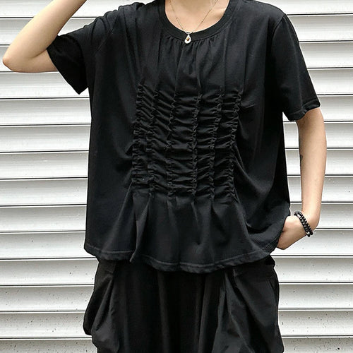 Load image into Gallery viewer, Women Black White Pleated Big Size Casual T-shirt New Round Neck Short Sleeve Fashion Tide Spring Summer 2025 1DJ1611
