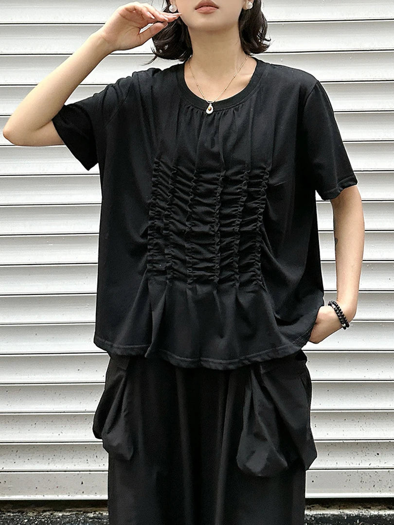 Women Black White Pleated Big Size Casual T-shirt New Round Neck Short Sleeve Fashion Tide Spring Summer 2025 1DJ1611