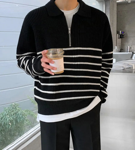 Autumn Men's Lapel Sweater Long Sleeve Korean Loose Casual Half Zipper Striped Fashion Temperament Male Pullover 9A5791