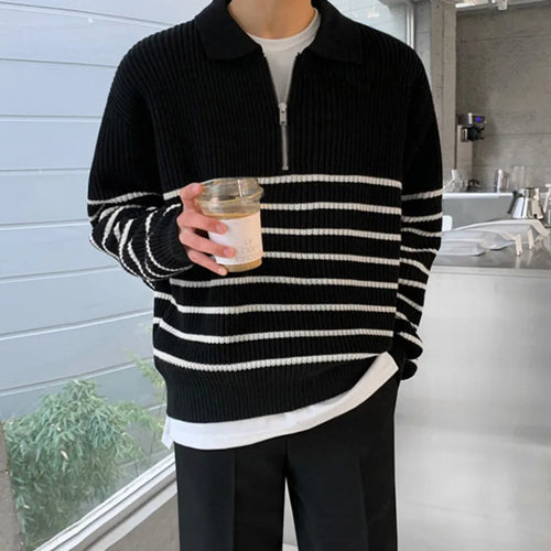 Load image into Gallery viewer, Autumn Men&#39;s Lapel Sweater Long Sleeve Korean Loose Casual Half Zipper Striped Fashion Temperament Male Pullover 9A5791
